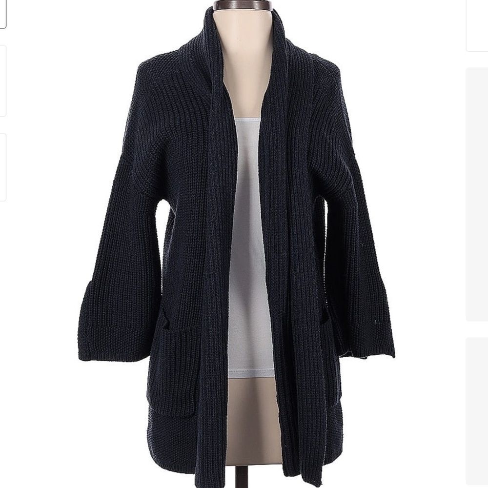 Poetry 100% Cotton Thick Knit 3/4 Bell Sleeve Front Pocket Navy Cardigan Size 6